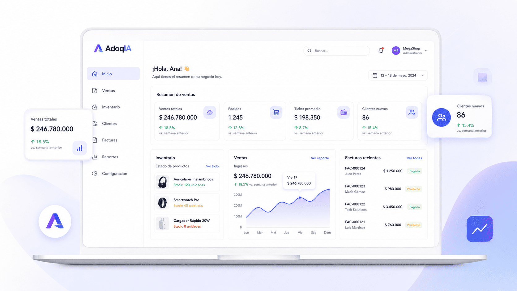 Dashboard de AdoqIA — Panel de control con métricas de ventas, inventario y facturas