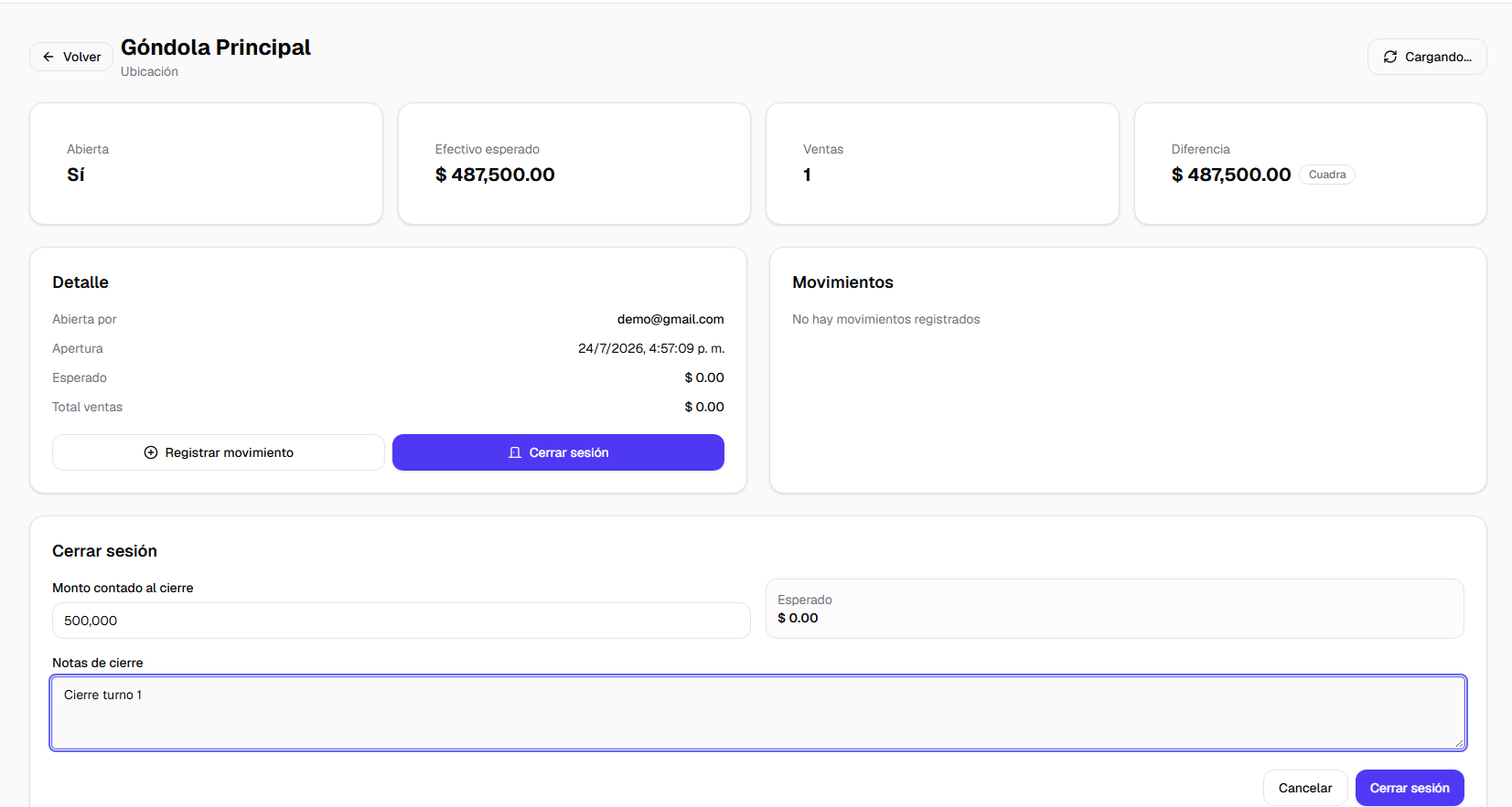 Pantalla de cierre de caja con conteo de efectivo y comparación del sistema