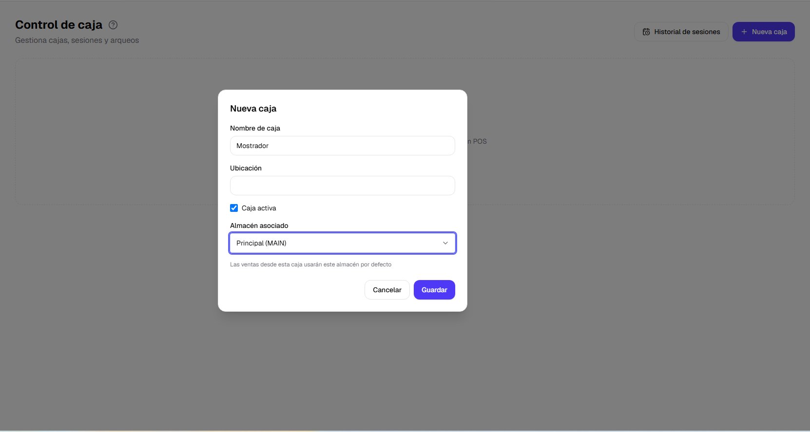 Formulario de creación de una nueva caja registradora
