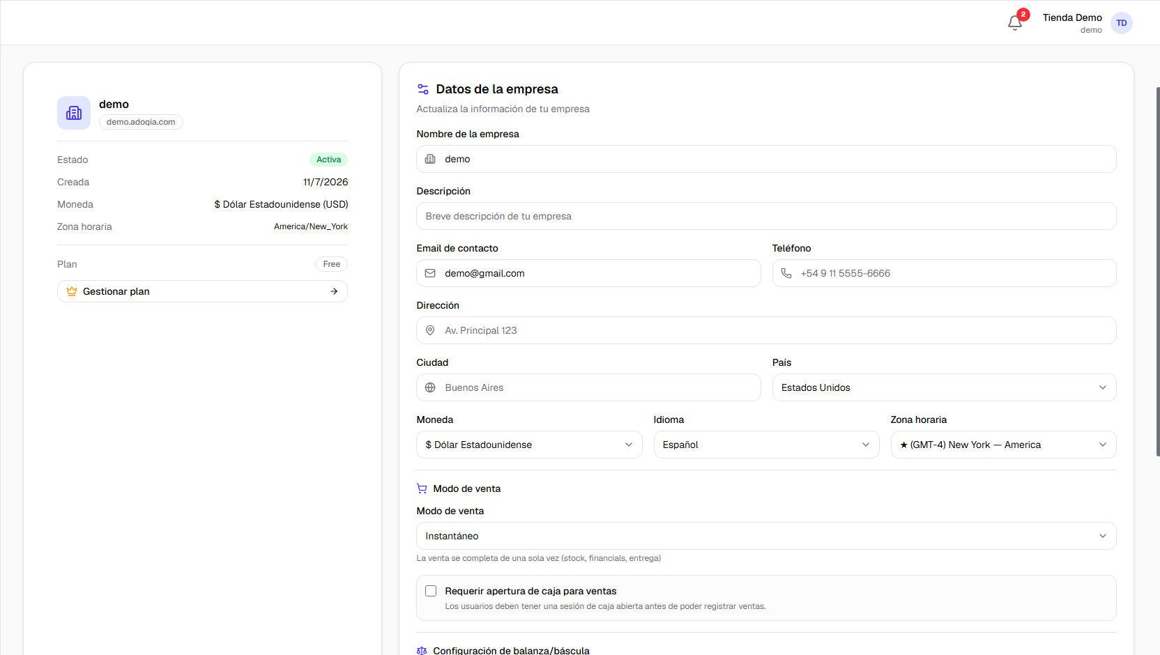 Formulario de configuración de empresa con campos de nombre, RUC y dirección
