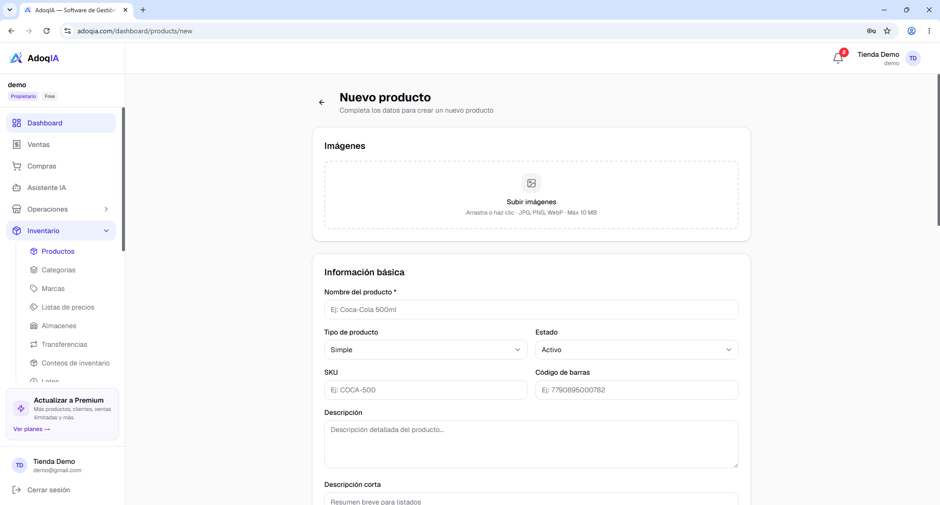Formulario de creación de producto con nombre, precio y stock