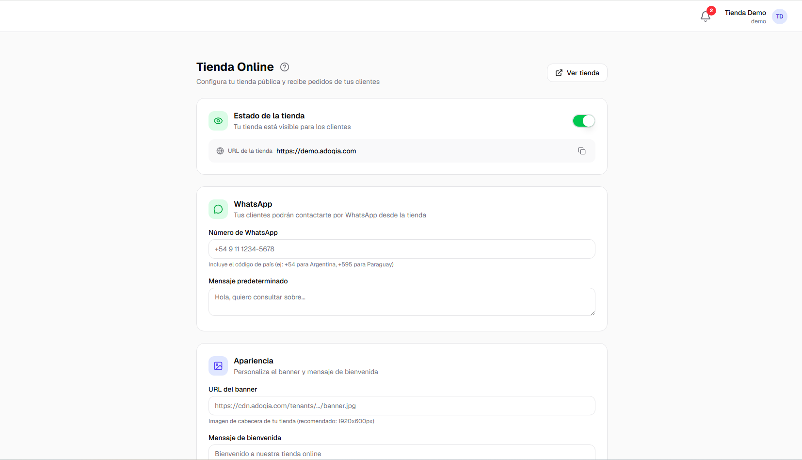 Panel de configuración de la tienda online con opciones de personalización
